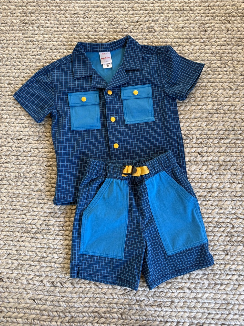 Hanna Andersson Boys Navy & Blue Grid Shirt + Shorts Set with Yellow Accents